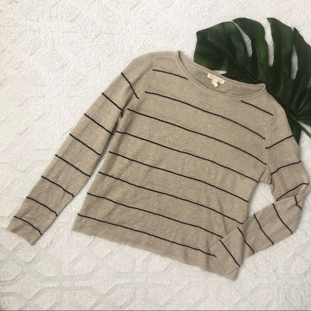 Eileen Fisher Beige Black Striped Linen Top Sz XS